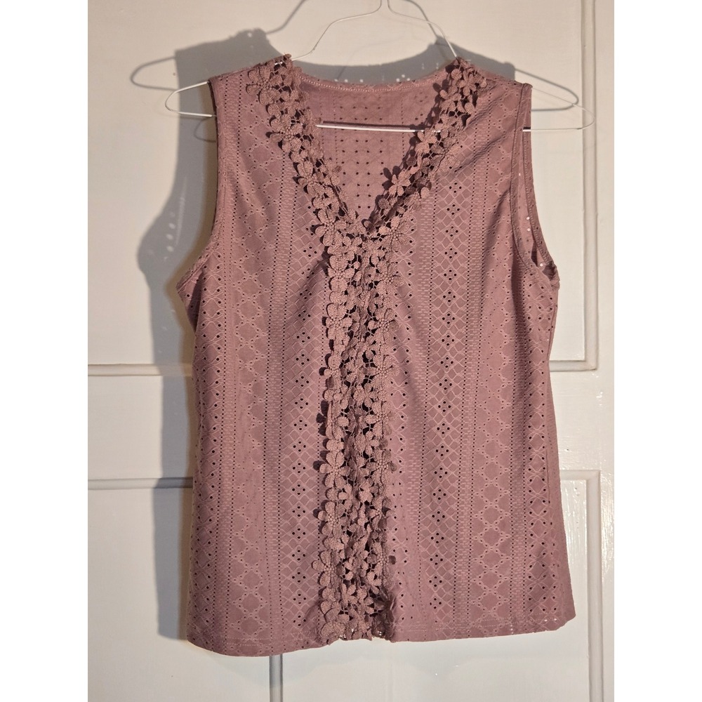Womens‎ Mauve Eyelet Lace Sleeveless Top Floral Crochet V-Neck Blouse Pink